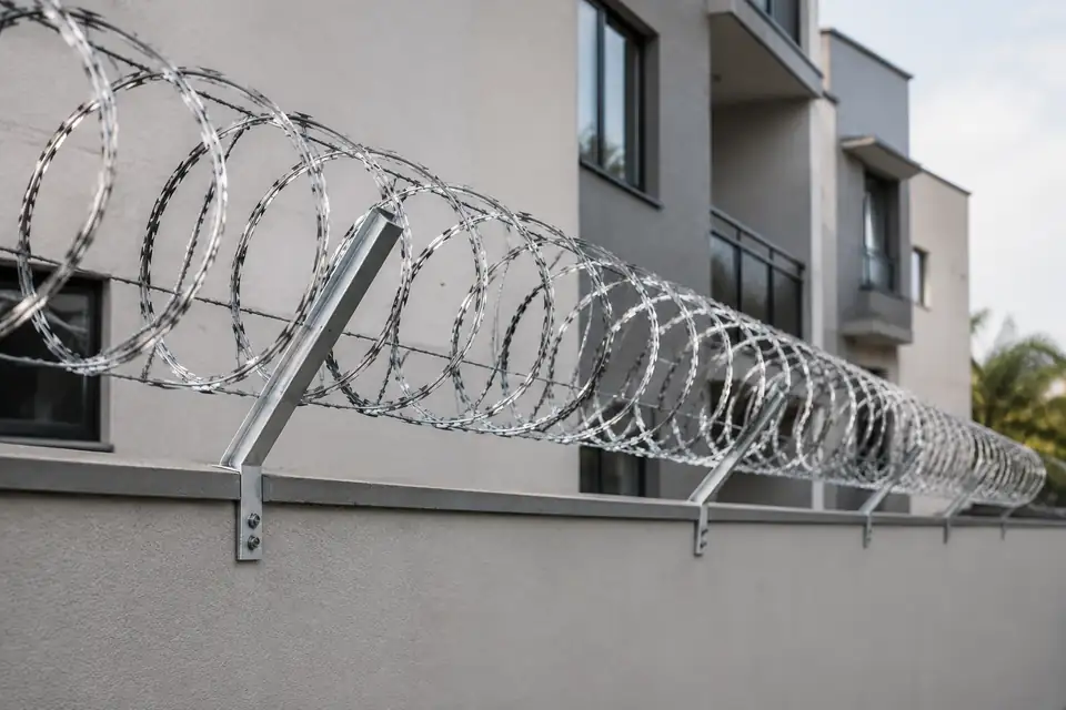 Detalhe da instalação de cerca concertina galvanizada sobre muro