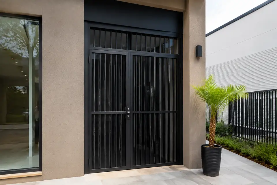 Porta de ferro reforçada instalada em entrada comercial em Indaiatuba