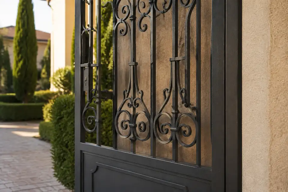 Detalhe de porta de ferro decorativa com acabamento artesanal