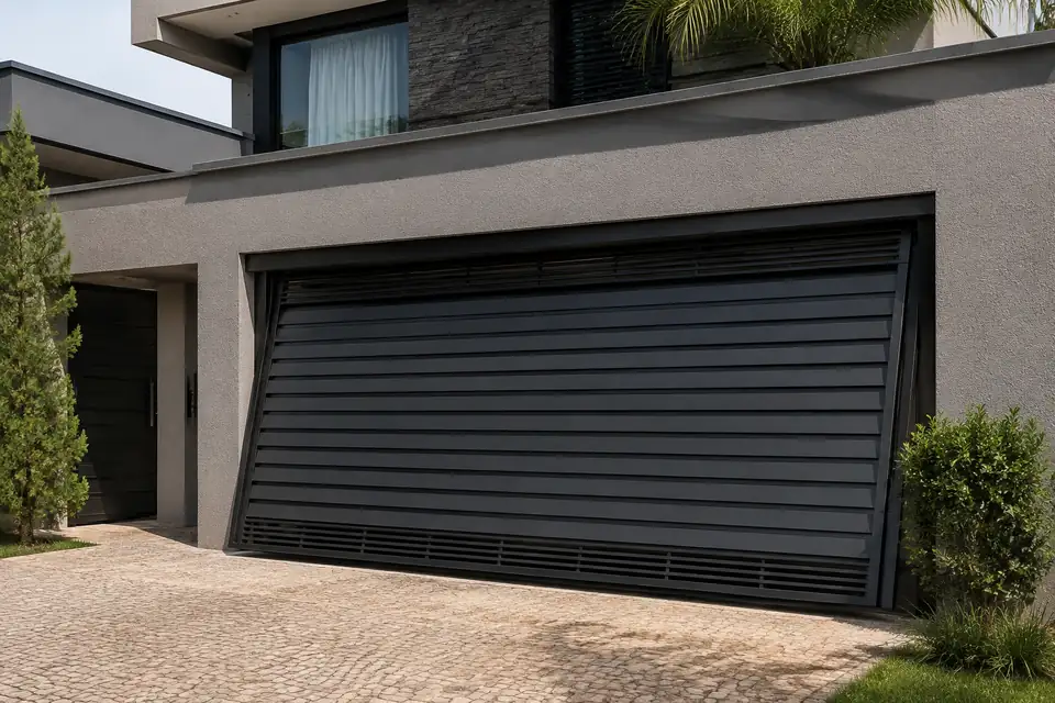 Portão basculante de aço instalado em garagem residencial em Indaiatuba