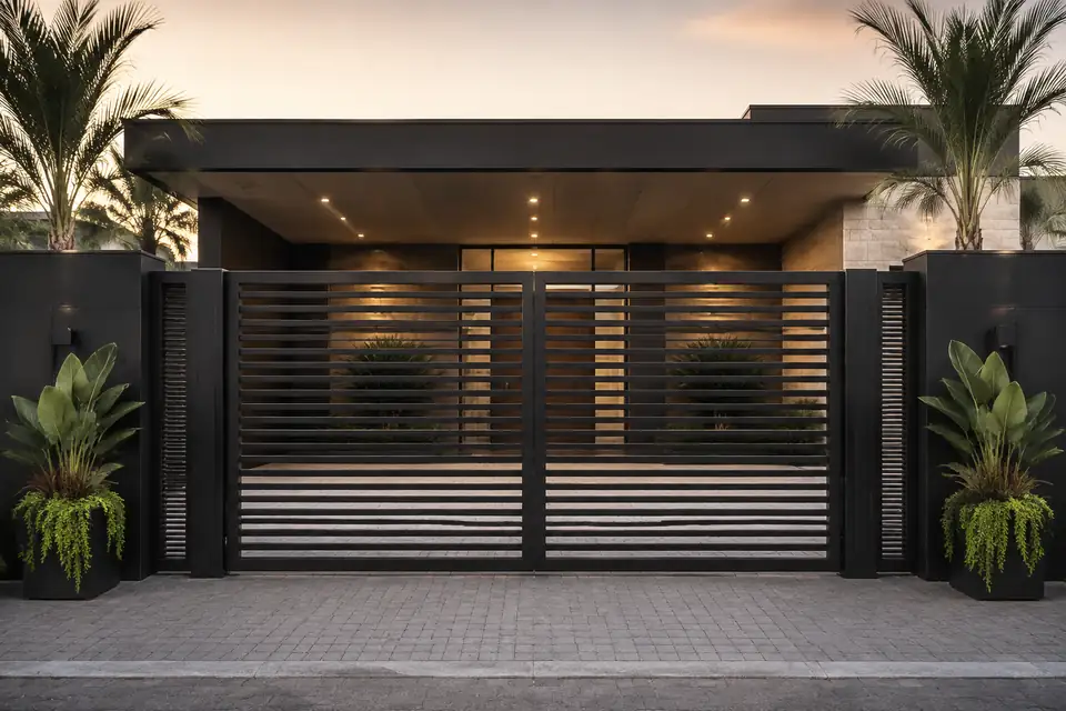 Portão pivotante duplo instalado na entrada de casa moderna em Indaiatuba